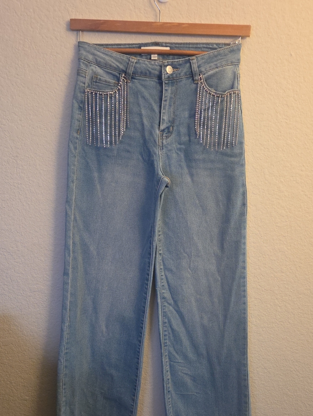 Light Blue Jeans with Rhinestone Fringe